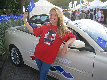 Swedish model, modeling a Boycott Manchester Hotels T-shirt at Stockholm Gay Pride Festival Last Summer.  Over 1 million people turned out for the 5 day celebration. This is part of the Manchester Hotels Global Boycott.